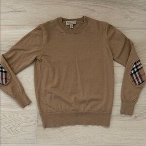 Burberry Camel Crewneck Sweater with Elbow Patches Size Medium Fits like Small